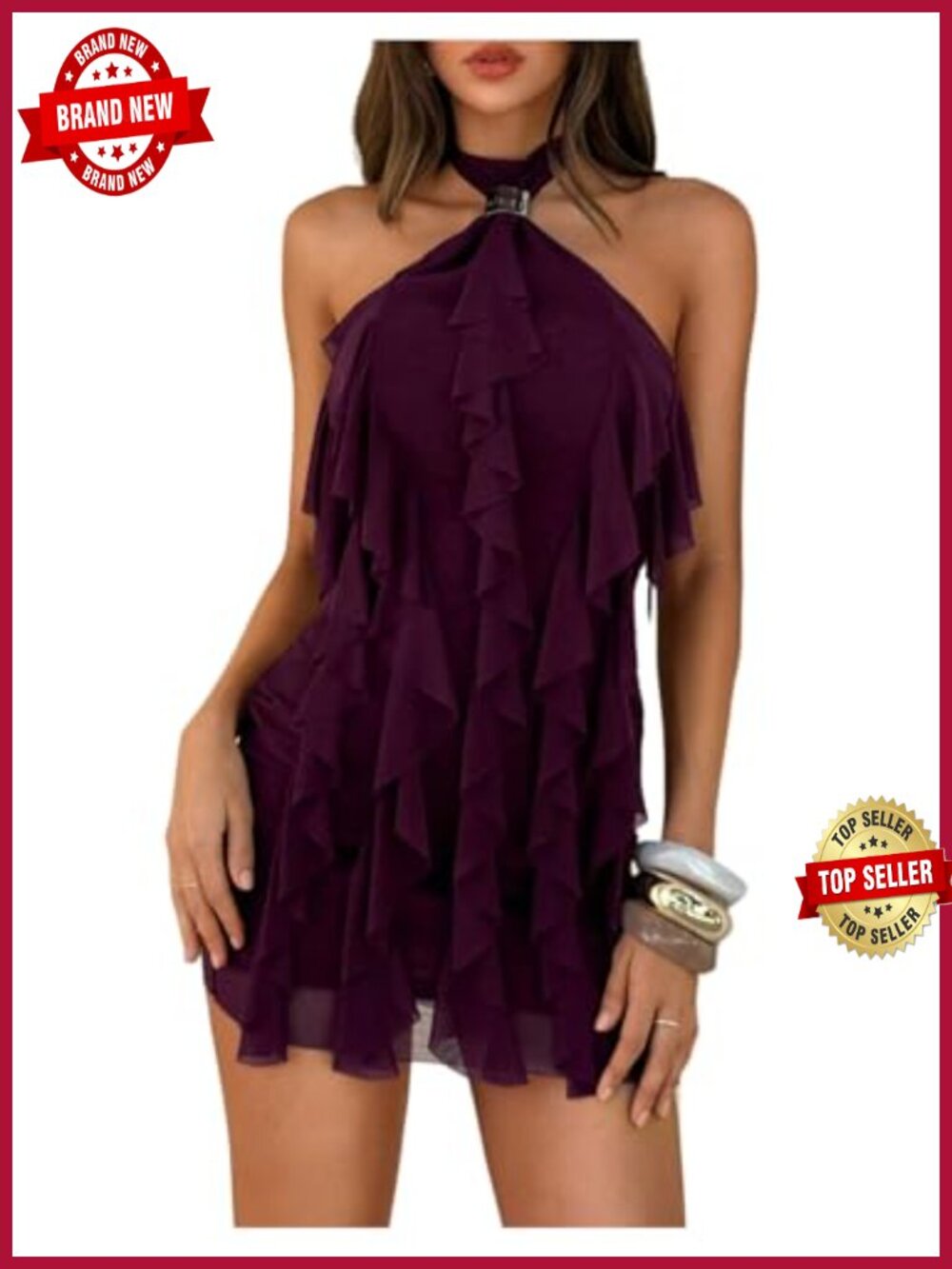 Floerns Ruffle Trim Halter Mini Dress Sleeveless Tie Back A-Line Party